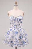 Blue Flower Corset A-Line Rhinestones Tiered Cocktail Dress with Ruffles