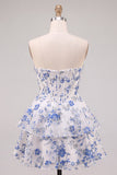 Blue Flower Corset A-Line Rhinestones Tiered Cocktail Dress with Ruffles