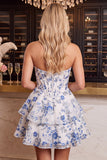 Blue Flower Corset A-Line Rhinestones Tiered Cocktail Dress with Ruffles