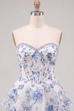 Blue Flower Corset A-Line Rhinestones Tiered Cocktail Dress with Ruffles
