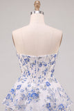 Blue Flower Corset A-Line Rhinestones Tiered Cocktail Dress with Ruffles