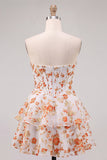 Blue Flower Corset A-Line Rhinestones Tiered Cocktail Dress with Ruffles