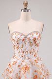 Blue Flower Corset A-Line Rhinestones Tiered Cocktail Dress with Ruffles