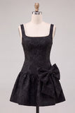 Black A-Line Floral Jacquard Pearls Ruched Short Cocktail Dress with Bow