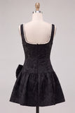 Black A-Line Floral Jacquard Pearls Ruched Short Cocktail Dress with Bow