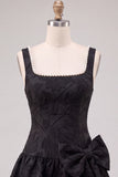 Black A-Line Floral Jacquard Pearls Ruched Short Cocktail Dress with Bow