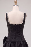 Black A-Line Floral Jacquard Pearls Ruched Short Cocktail Dress with Bow