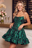 Dark Green Corset Strapless A-Line Floral Jacquard Short Cocktail Dress