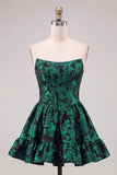 Dark Green Corset Strapless A-Line Floral Jacquard Short Cocktail Dress