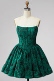 Dark Green Corset Strapless A-Line Floral Jacquard Short Cocktail Dress