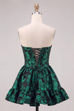 Dark Green Corset Strapless A-Line Floral Jacquard Short Cocktail Dress