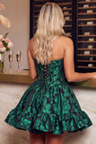 Dark Green Corset Strapless A-Line Floral Jacquard Short Cocktail Dress