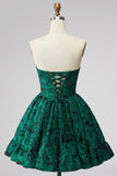 Dark Green Corset Strapless A-Line Floral Jacquard Short Cocktail Dress
