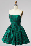 Dark Green Corset Strapless A-Line Floral Jacquard Short Cocktail Dress