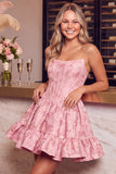 Dark Green Corset Strapless A-Line Floral Jacquard Short Cocktail Dress