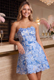 Blue Strapless A-Line 3D Floral Appliques Short Cocktail Dress