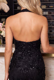 Sky Blue Bodycon Halter Floral Embroidery Sequins Backless Short Cocktail Dress