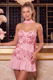 Red Strapless Beaded A-Line Floral Embroidered Ruffle Cocktail Dress with Neck Scarf