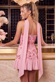 Red Strapless Beaded A-Line Floral Embroidered Ruffle Cocktail Dress with Neck Scarf