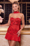 Red Strapless Beaded A-Line Floral Embroidered Ruffle Cocktail Dress with Neck Scarf