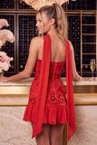 Red Strapless Beaded A-Line Floral Embroidered Ruffle Cocktail Dress with Neck Scarf