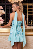 Red Strapless Beaded A-Line Floral Embroidered Ruffle Cocktail Dress with Neck Scarf