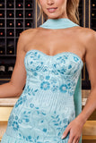 Red Strapless Beaded A-Line Floral Embroidered Ruffle Cocktail Dress with Neck Scarf