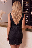 Pink Floral Sequins Bodycon Embroidery V-Neck Ruched Short Cocktail Dress