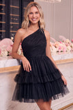 One Shoulder Yellow Tulle A-Line Tiered Short Cocktail Dress with Ruffles