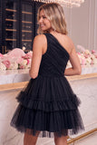 One Shoulder Yellow Tulle A-Line Tiered Short Cocktail Dress with Ruffles