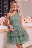 One Shoulder Yellow Tulle A-Line Tiered Short Cocktail Dress with Ruffles