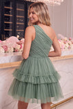 One Shoulder Yellow Tulle A-Line Tiered Short Cocktail Dress with Ruffles