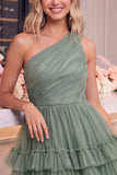 One Shoulder Yellow Tulle A-Line Tiered Short Cocktail Dress with Ruffles