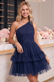 One Shoulder Yellow Tulle A-Line Tiered Short Cocktail Dress with Ruffles