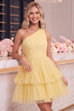 One Shoulder Yellow Tulle A-Line Tiered Short Cocktail Dress with Ruffles