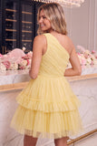 One Shoulder Yellow Tulle A-Line Tiered Short Cocktail Dress with Ruffles
