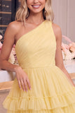 One Shoulder Yellow Tulle A-Line Tiered Short Cocktail Dress with Ruffles