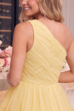 One Shoulder Yellow Tulle A-Line Tiered Short Cocktail Dress with Ruffles