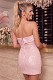 Pink Strapless Bodycon Sequins Short Cocktail Dress