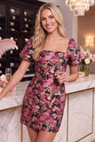 Black Red Flower Jacquard Bodycon Square Neck Short Cocktail Dress with Puff Sleeves