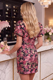 Black Red Flower Jacquard Bodycon Square Neck Short Cocktail Dress with Puff Sleeves