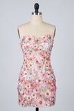 Floral Pink Appliqued Strapless Bodycon Mini Homecoming Dress