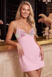 Pink Bodycon Floral Embroidered V-Neck Short Cocktail Dress