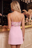 Pink Bodycon Floral Embroidered V-Neck Short Cocktail Dress