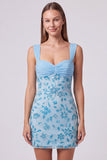 Sky Blue Beaded Ruched Floral Bodycon Short Homecoming Dress with Sequins