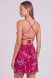 Pink Floral Bodycon Sequins Beaded Short Cocktail Dress with Lace Up Back