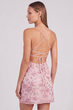 Pink Floral Bodycon Sequins Beaded Short Cocktail Dress with Lace Up Back