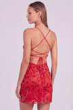 Pink Floral Bodycon Sequins Beaded Short Cocktail Dress with Lace Up Back