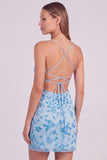 Pink Floral Bodycon Sequins Beaded Short Cocktail Dress with Lace Up Back