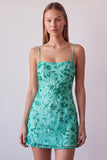 Fuchsia Spaghetti Straps Floral Bodycon Beaded Short Homecoming Dress